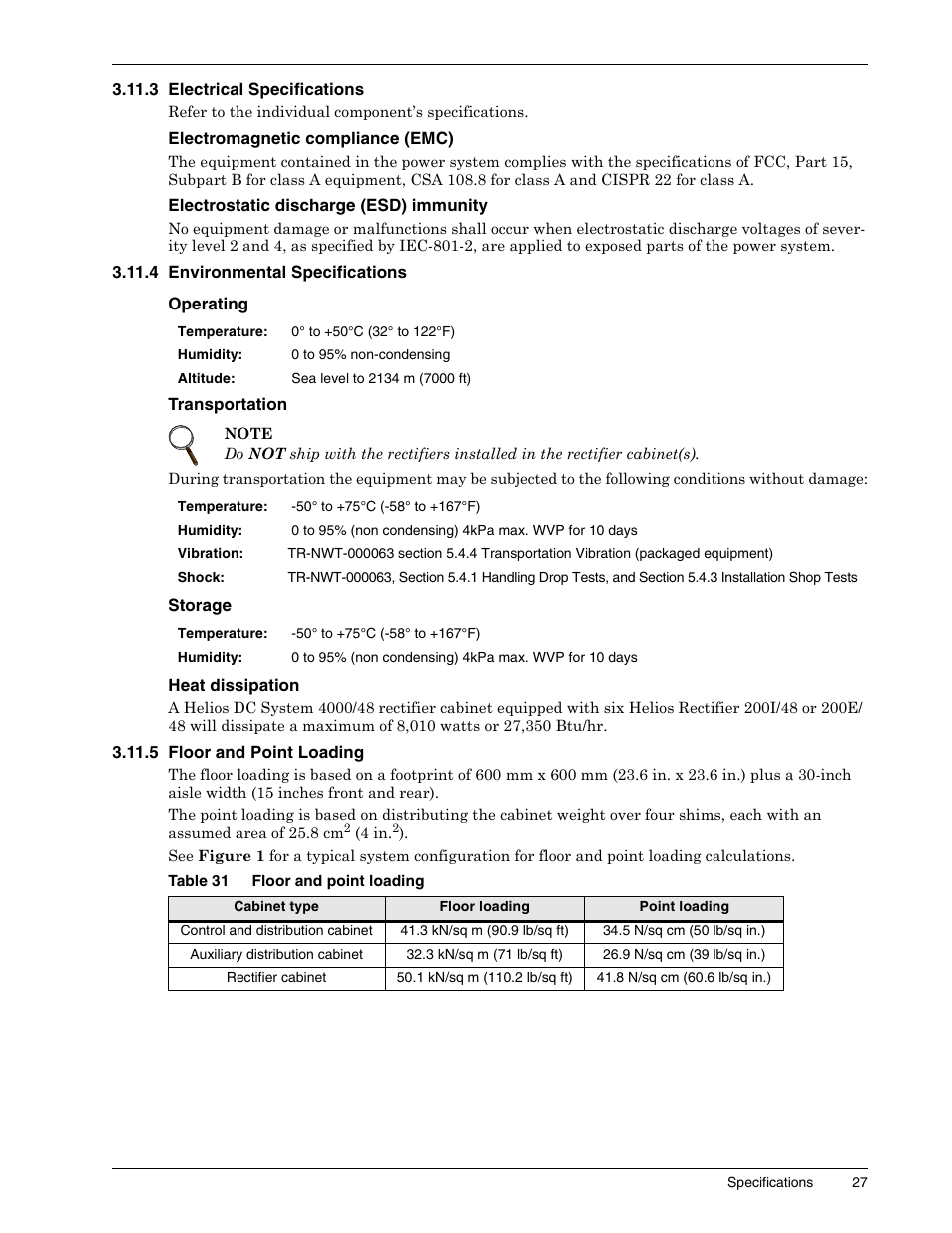 3 electrical specifications, Electromagnetic compliance (emc), Electrostatic discharge (esd) immunity | 4 environmental specifications, Operating, Transportation, Storage, Heat dissipation, 5 floor and point loading, Table 31 floor and point loading | Liebert 1500 User Manual | Page 33 / 59