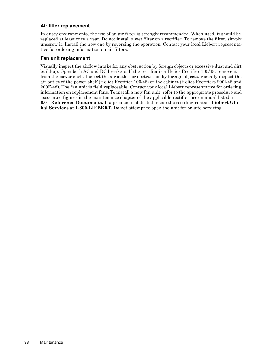Air filter replacement, Fan unit replacement | Liebert 1500 User Manual | Page 44 / 59