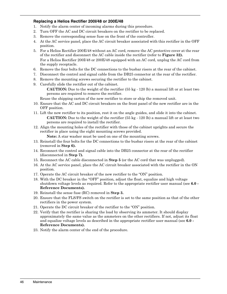 Replacing a helios rectifier 200i/48 or 200e/48, Replacing a helios, Rectifier 200i/48 or 200e/48 | Liebert 1500 User Manual | Page 52 / 59