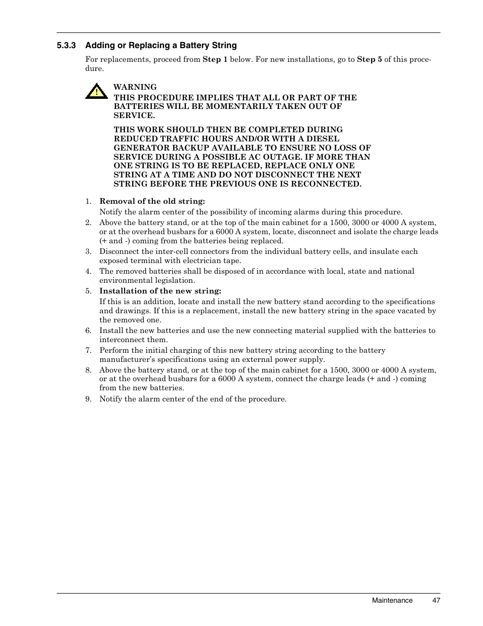 3 adding or replacing a battery string, Adding or replacing a battery string | Liebert 1500 User Manual | Page 53 / 59