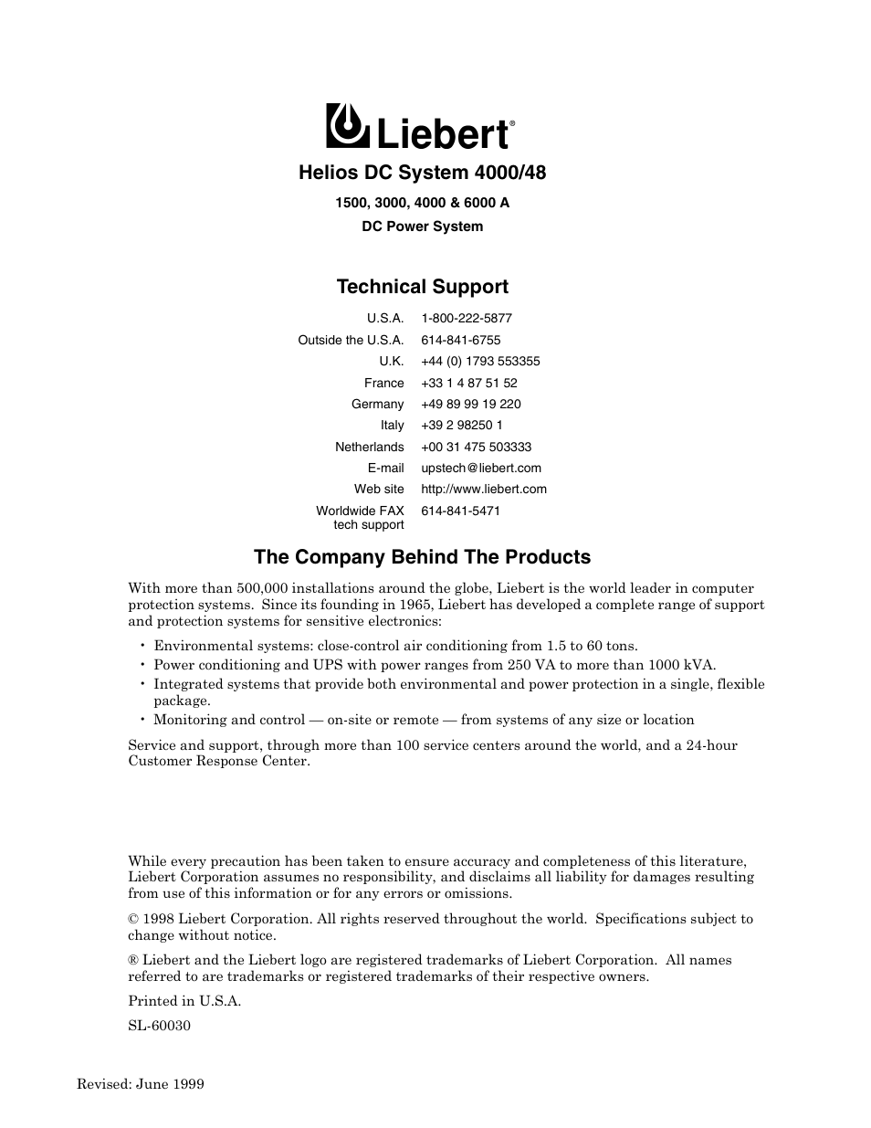 Technical support the company behind the products | Liebert 1500 User Manual | Page 59 / 59