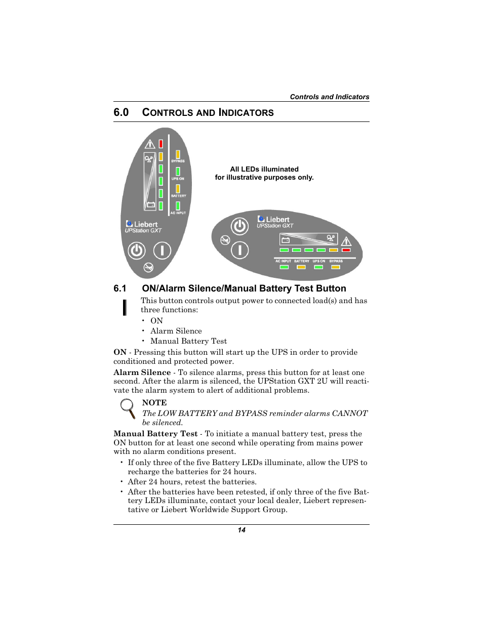 0 controls and indicators, 1 on/alarm silence/manual battery test button, Ontrols | Ndicators, On/alarm silence/manual battery test button | Liebert 230V User Manual | Page 18 / 40