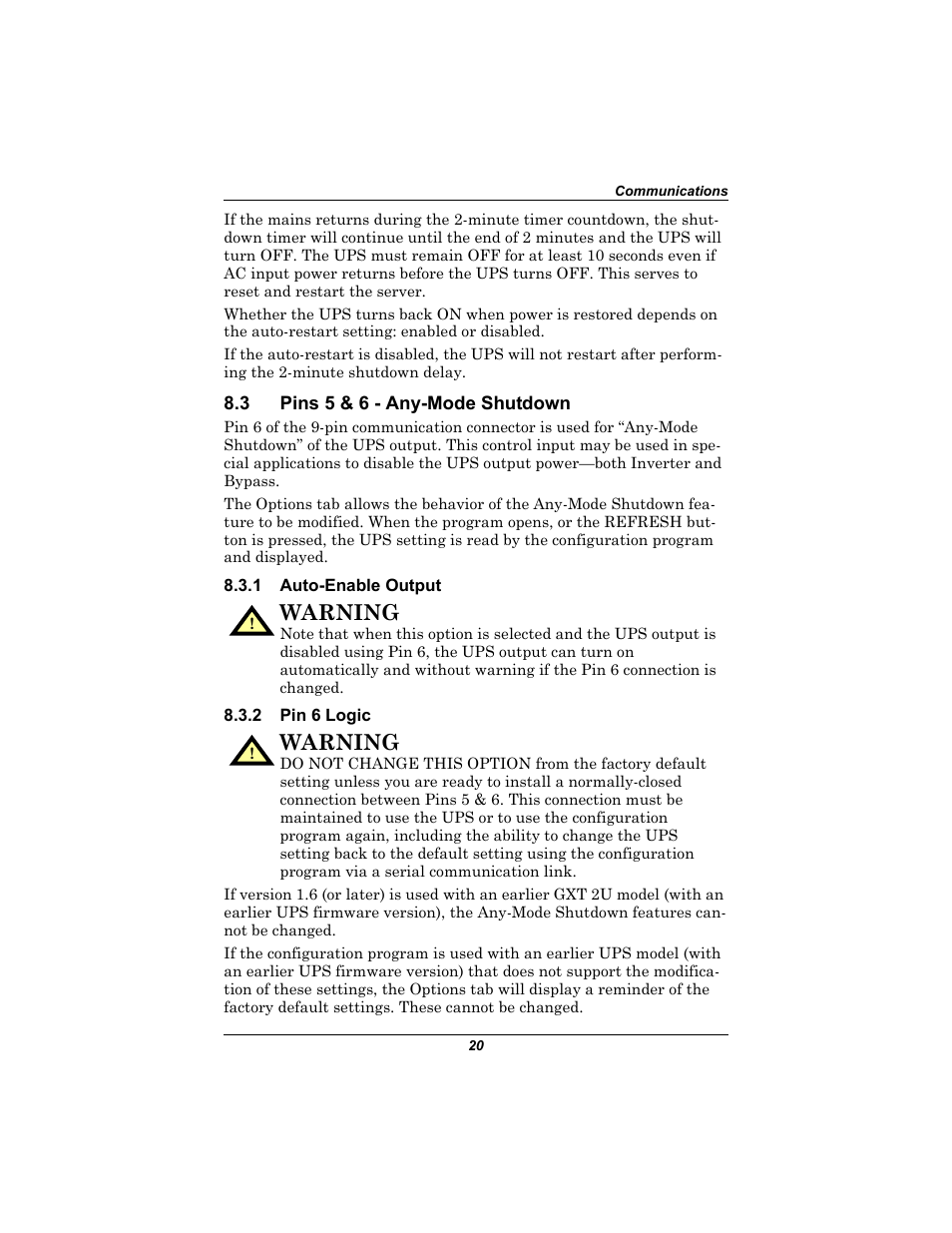 3 pins 5 & 6 - any-mode shutdown, 1 auto-enable output, 2 pin 6 logic | Pins 5 & 6 - any-mode shutdown, Auto-enable output, Pin 6 logic, Warning | Liebert 230V User Manual | Page 24 / 40