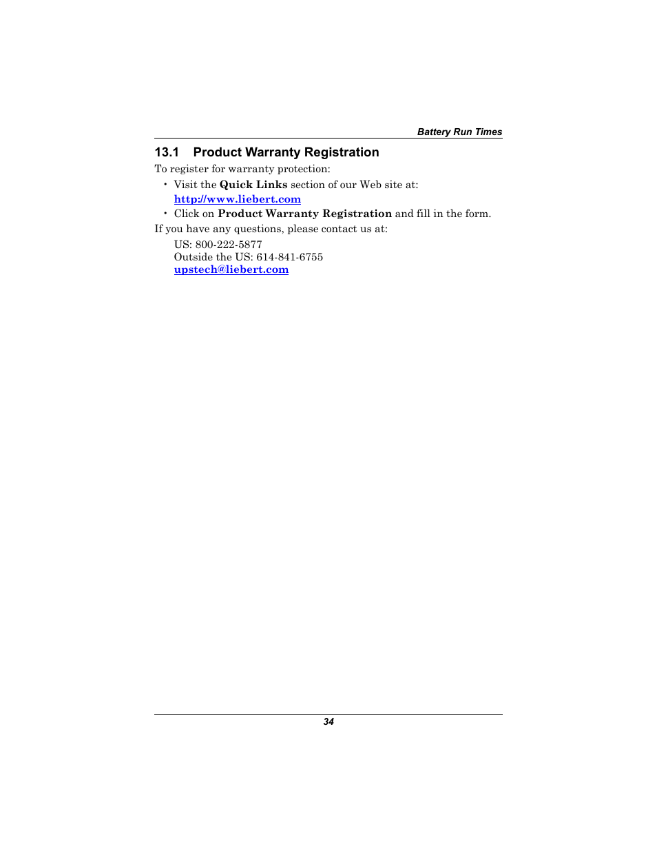 1 product warranty registration, Product warranty registration | Liebert 230V User Manual | Page 38 / 40