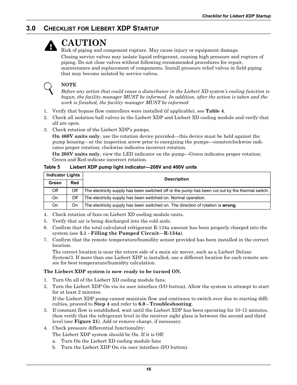 0 checklist for liebert xdp startup, Hecklist, Iebert | Xdp s, Tartup, Table 5, Caution | Liebert Refrigerant Distribution Unit XDP User Manual | Page 22 / 40