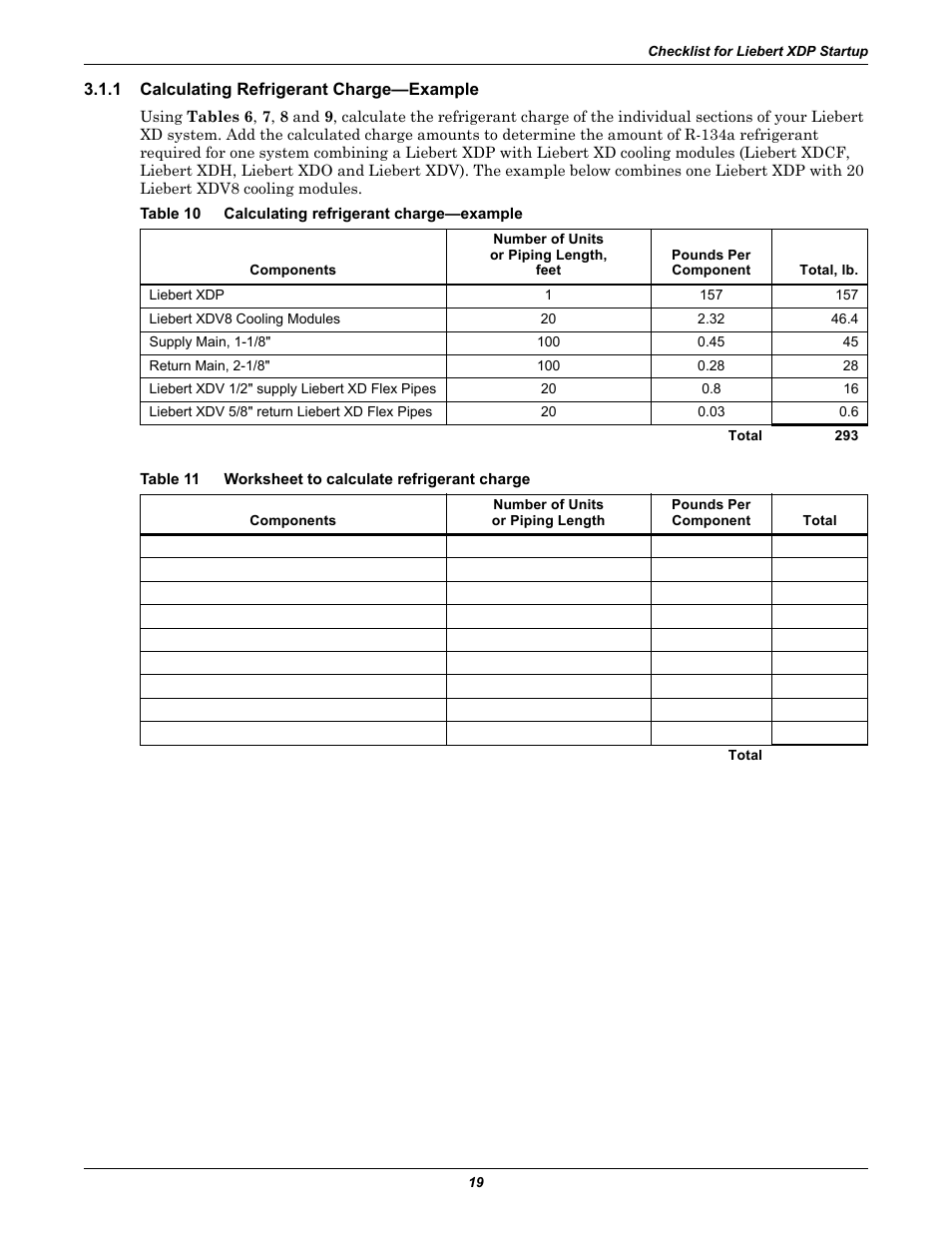 1 calculating refrigerant charge—example, Table 10 calculating refrigerant charge—example, Table 11 worksheet to calculate refrigerant charge | Calculating refrigerant charge—example, Table 10, Table 11, Worksheet to calculate refrigerant charge, 1 - calculating refrigerant charge, Example | Liebert Refrigerant Distribution Unit XDP User Manual | Page 25 / 40