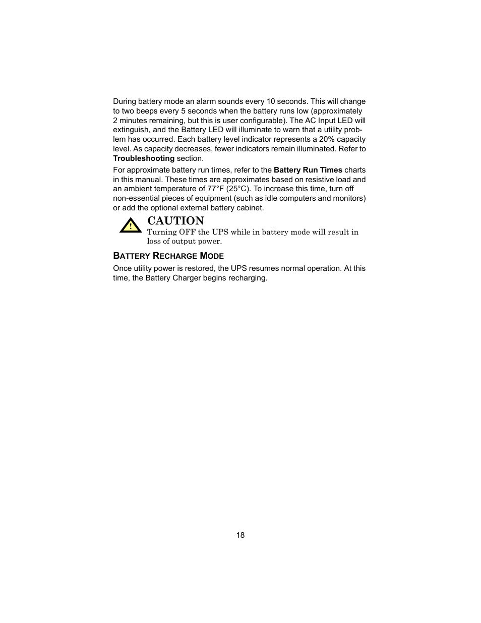 Battery recharge mode, Caution | Liebert 208V User Manual | Page 22 / 40