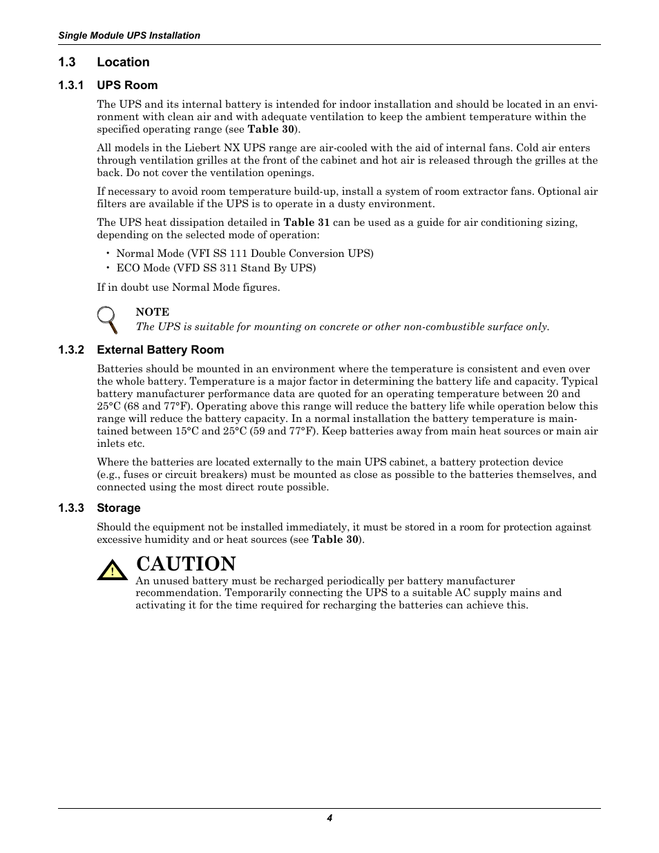 3 location, 1 ups room, 2 external battery room | 3 storage, Location, Ups room, External battery room, Storage, Caution | Liebert Emerson NX UPS System User Manual | Page 12 / 88