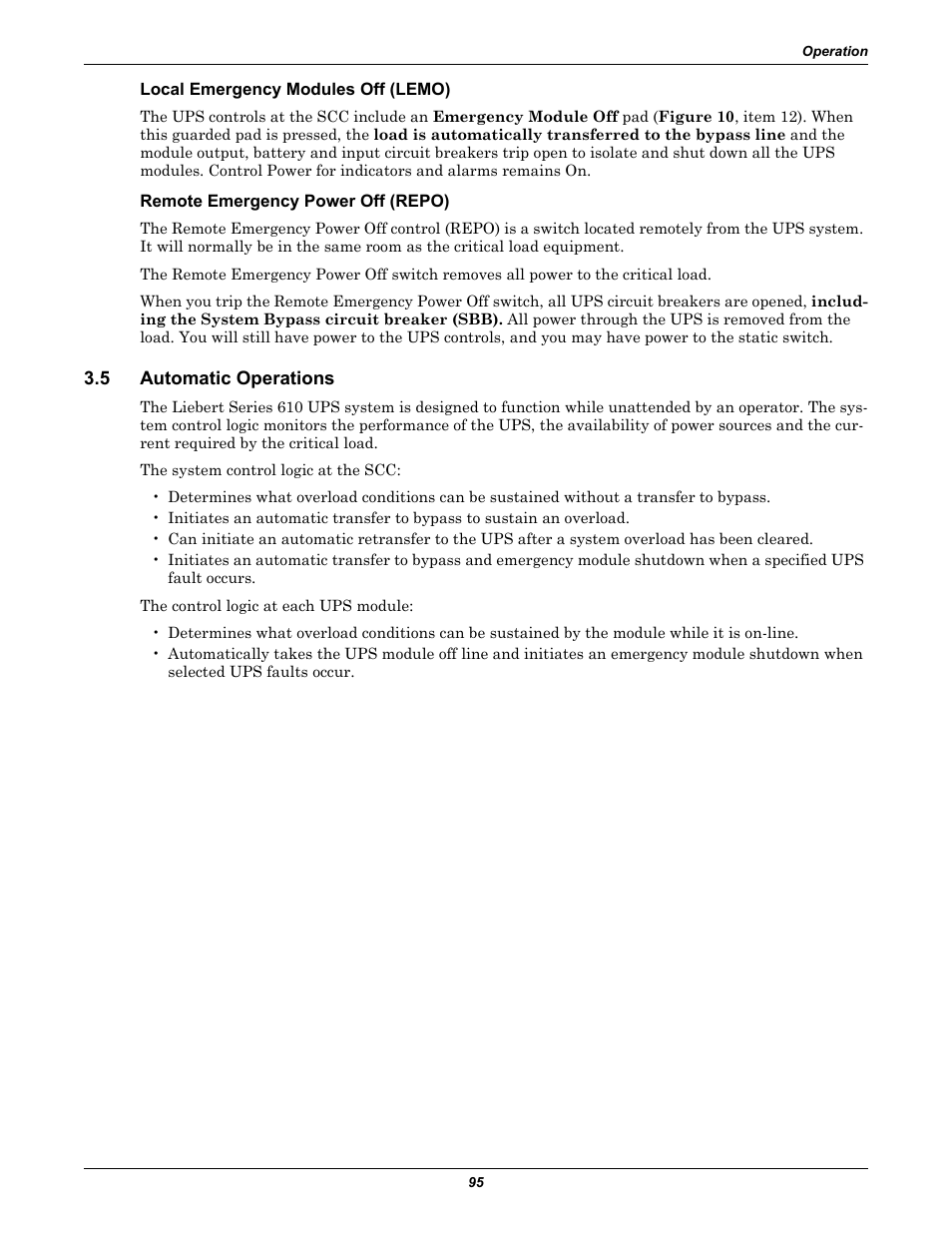 Local emergency modules off (lemo), Remote emergency power off (repo), 5 automatic operations | Automatic operations, To 3.5 - automatic operations | Liebert 1000kVA User Manual | Page 101 / 120