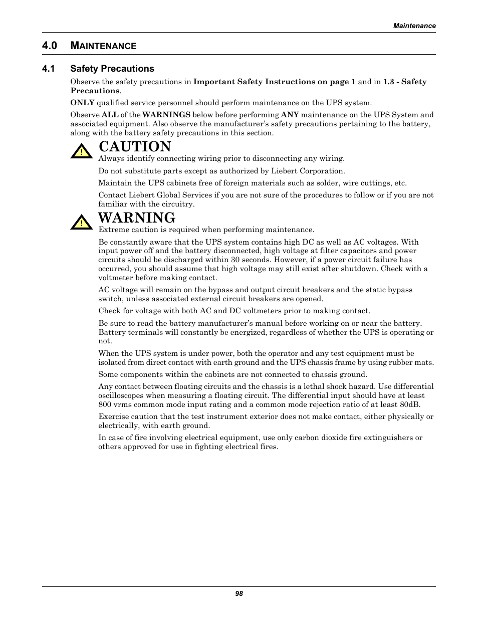 0 maintenance, 1 safety precautions, Aintenance | Safety precautions, 0 - maintenance, Caution, Warning | Liebert 1000kVA User Manual | Page 104 / 120