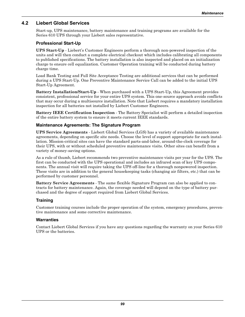 2 liebert global services, Professional start-up, Maintenance agreements: the signature program | Training, Warranties, Liebert global services | Liebert 1000kVA User Manual | Page 105 / 120