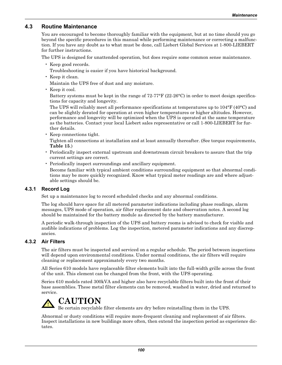 3 routine maintenance, 1 record log, 2 air filters | Routine maintenance, Record log, Air filters, Caution | Liebert 1000kVA User Manual | Page 106 / 120