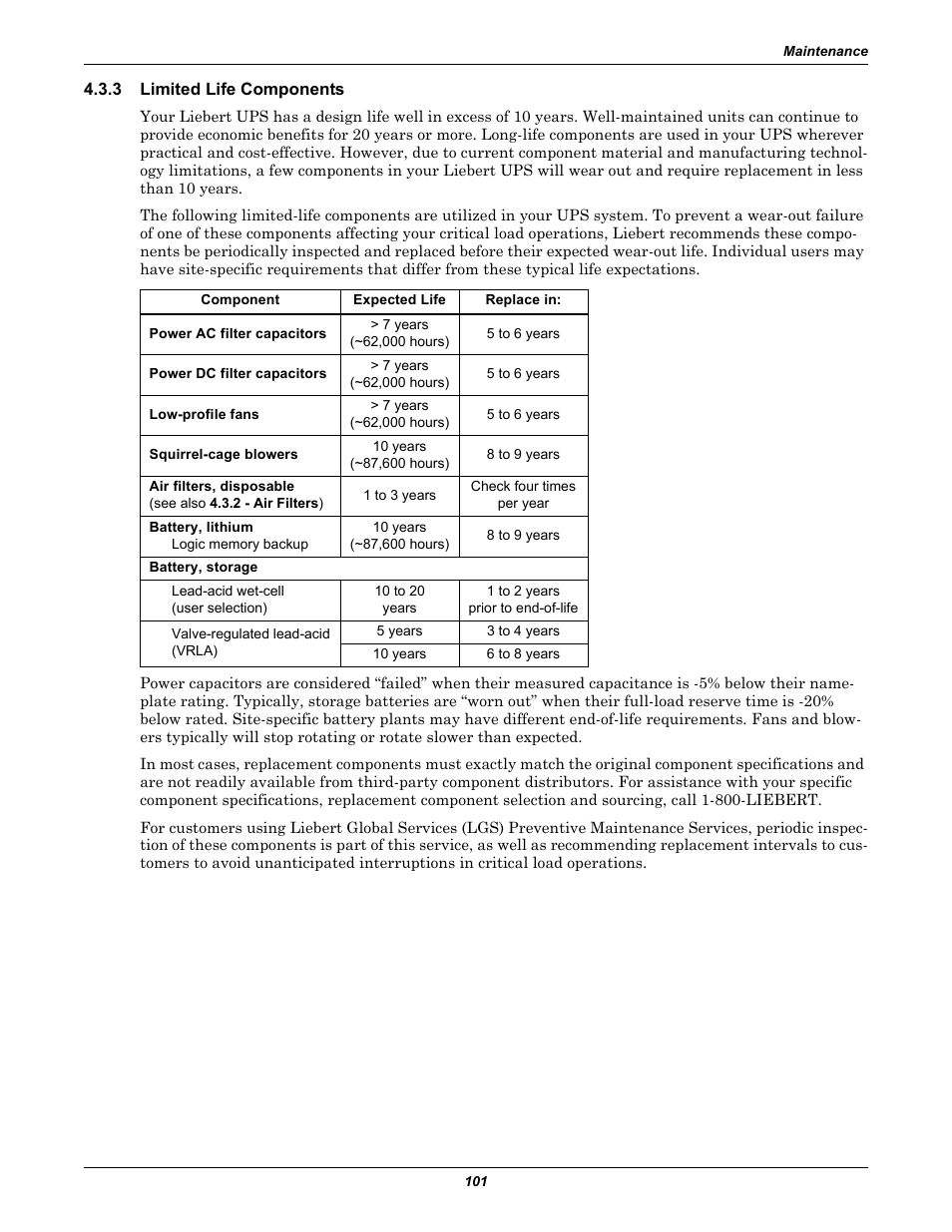 3 limited life components, Limited life components | Liebert 1000kVA User Manual | Page 107 / 120