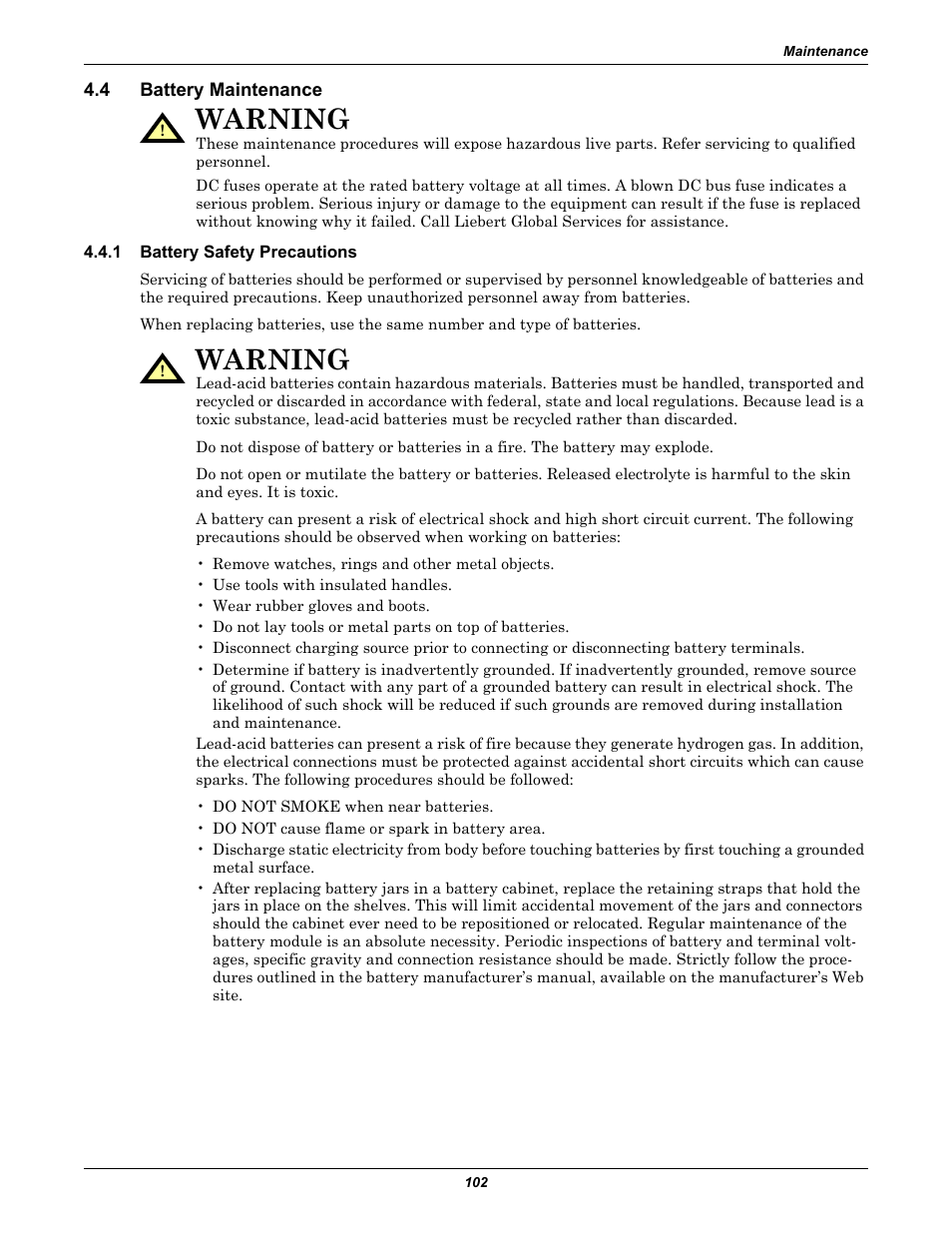 4 battery maintenance, 1 battery safety precautions, Battery maintenance | Battery safety precautions, Warning | Liebert 1000kVA User Manual | Page 108 / 120