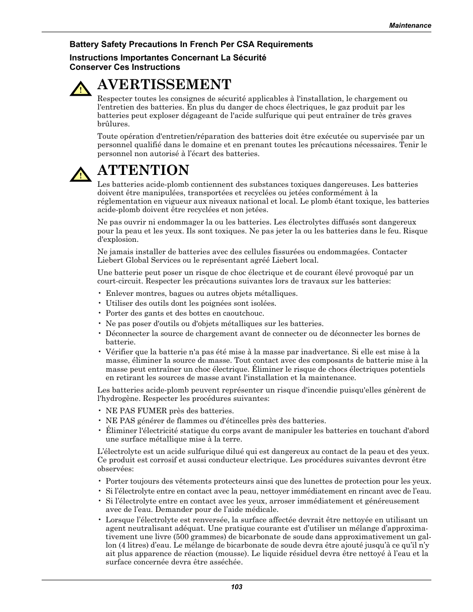 Avertissement, Attention | Liebert 1000kVA User Manual | Page 109 / 120