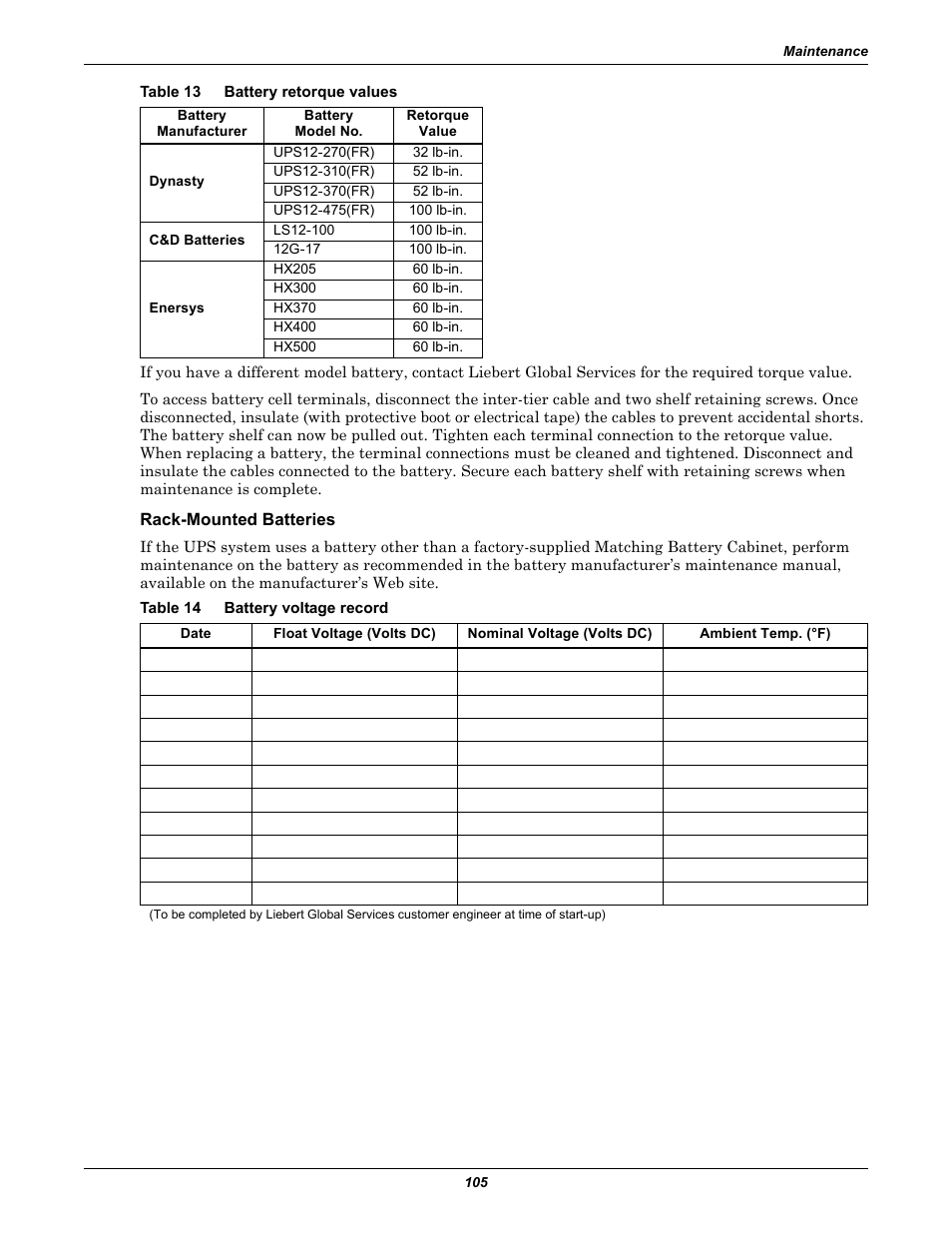 Table 13 battery retorque values, Rack-mounted batteries, Table 14 battery voltage record | Table 13, Battery retorque values, Table 14, Battery voltage record | Liebert 1000kVA User Manual | Page 111 / 120