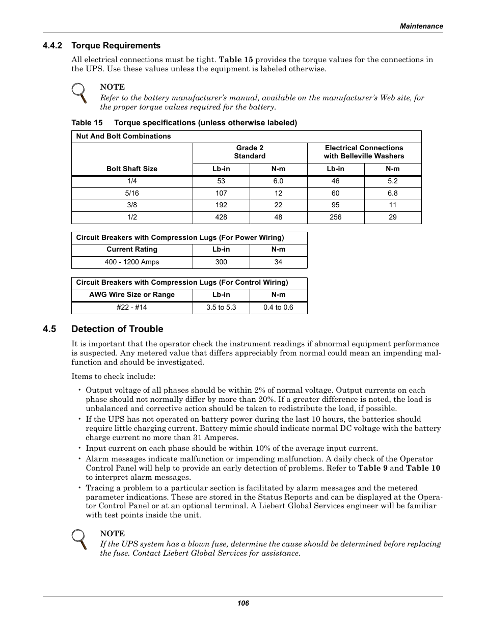 2 torque requirements, 5 detection of trouble, Torque requirements | Detection of trouble, Table 15, Torque specifications (unless otherwise labeled) | Liebert 1000kVA User Manual | Page 112 / 120