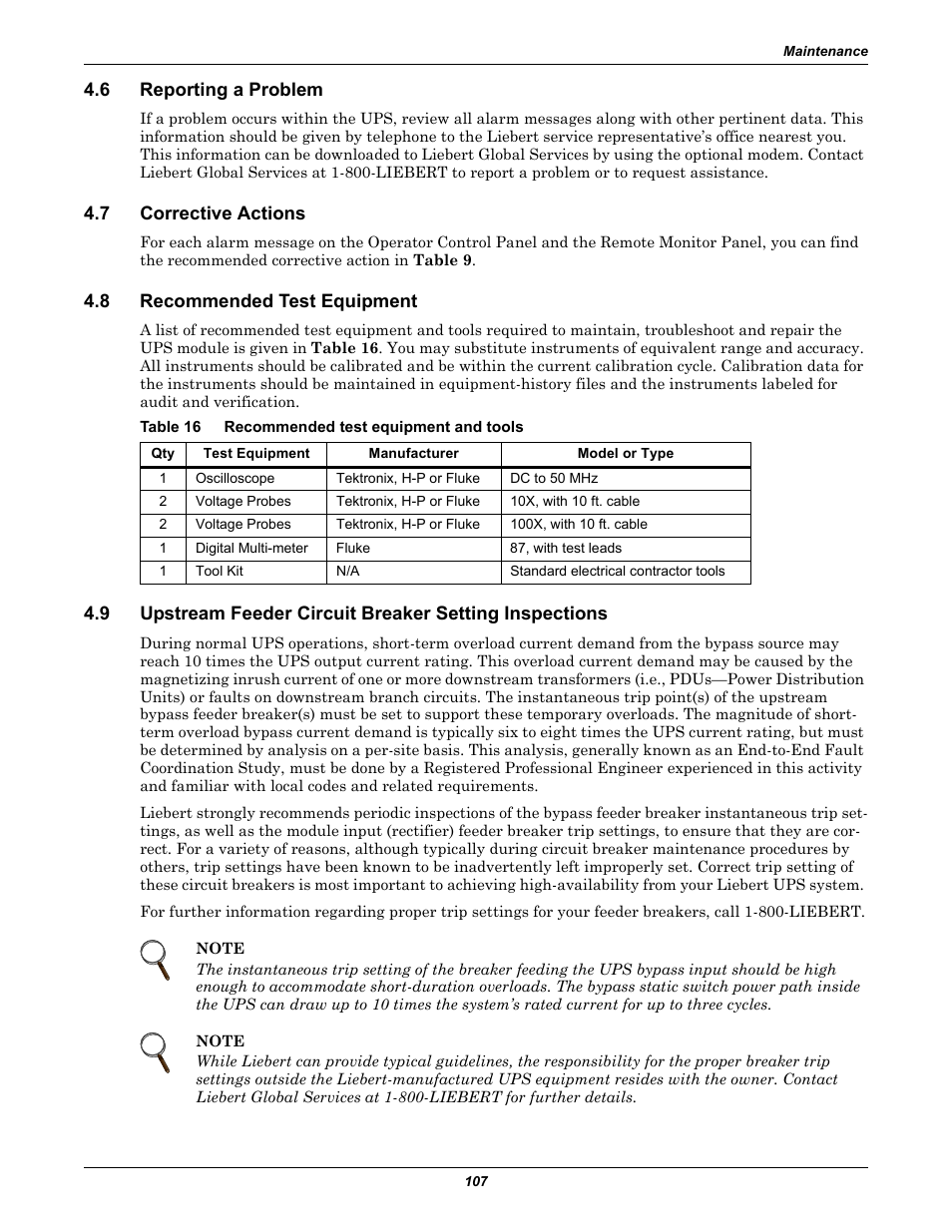 6 reporting a problem, 7 corrective actions, 8 recommended test equipment | Table 16 recommended test equipment and tools, Reporting a problem, Corrective actions, Recommended test equipment, Table 16, Recommended test equipment and tools | Liebert 1000kVA User Manual | Page 113 / 120