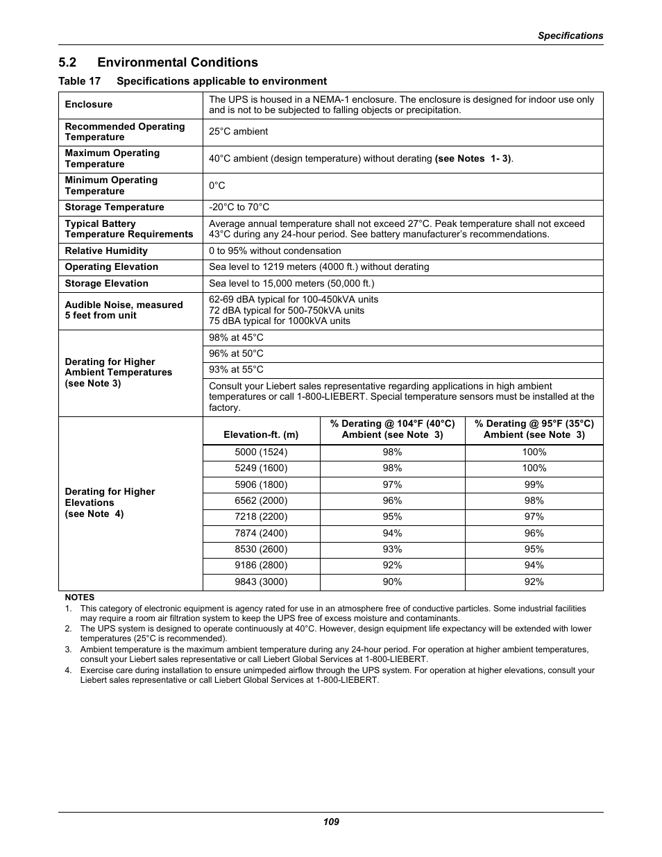 2 environmental conditions, Table 17 specifications applicable to environment, Environmental conditions | Table 17, Specifications applicable to environment | Liebert 1000kVA User Manual | Page 115 / 120