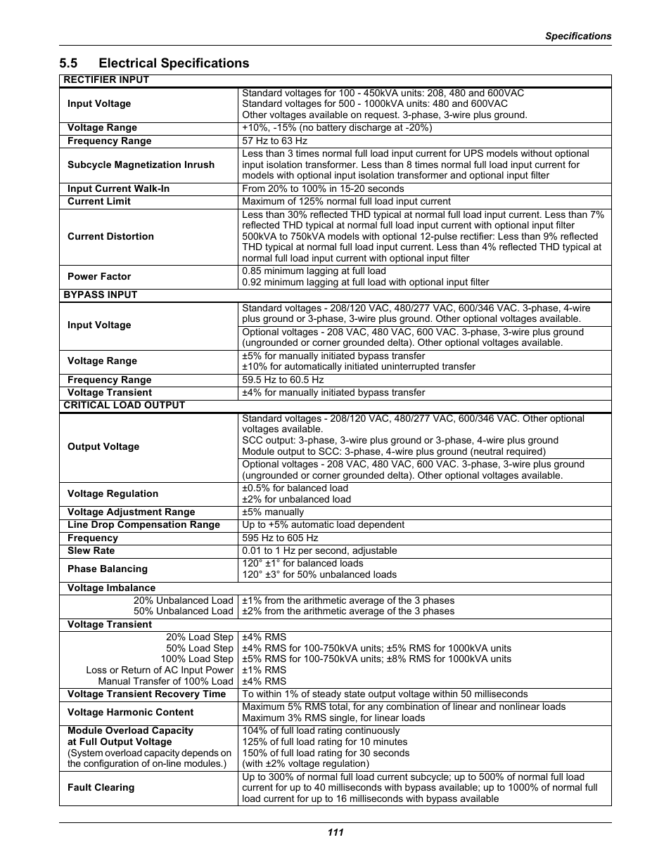 5 electrical specifications, Electrical specifications | Liebert 1000kVA User Manual | Page 117 / 120