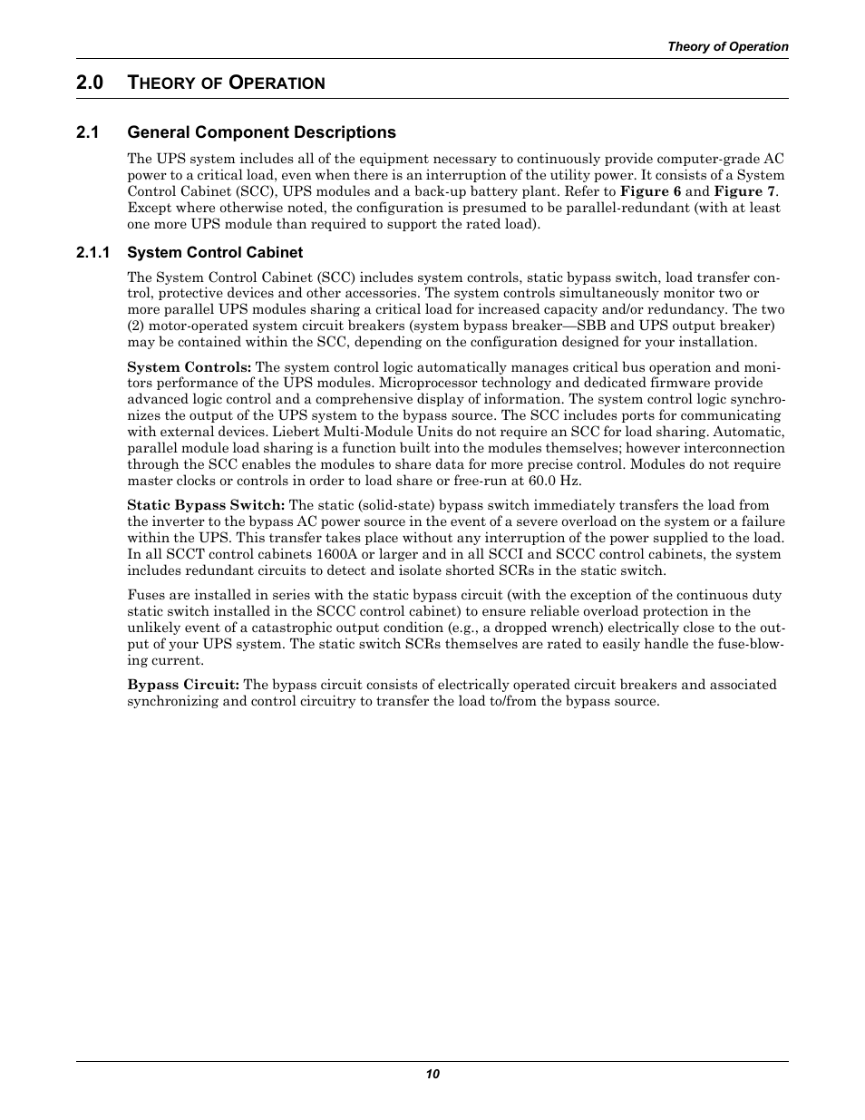 0 theory of operation, 1 general component descriptions, 1 system control cabinet | Heory, Peration, General component descriptions, System control cabinet, 0 - theory of operation and | Liebert 1000kVA User Manual | Page 16 / 120