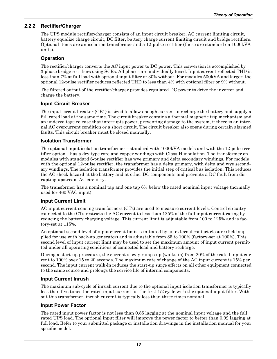 2 rectifier/charger, Operation, Input circuit breaker | Isolation transformer, Input current limit, Input current inrush, Input power factor, Rectifier/charger | Liebert 1000kVA User Manual | Page 19 / 120