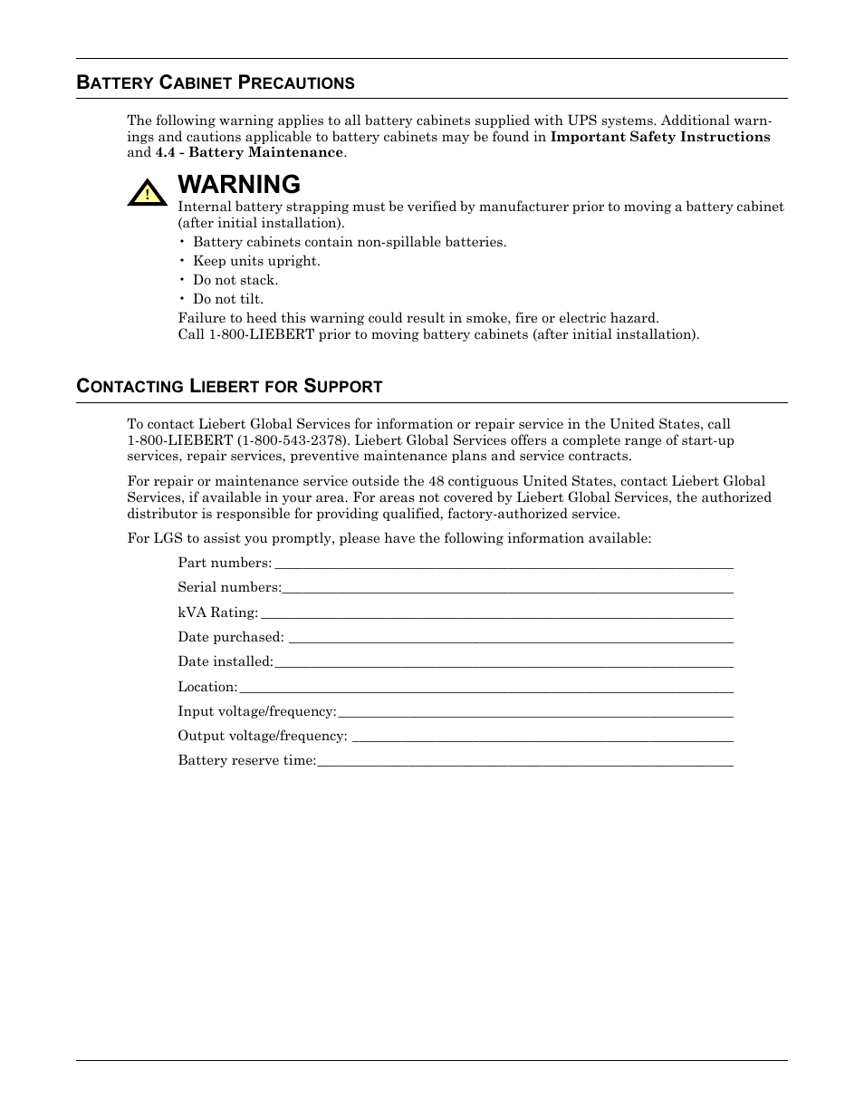 Battery cabinet precautions, Contacting liebert for support, Warning | Liebert 1000kVA User Manual | Page 2 / 120