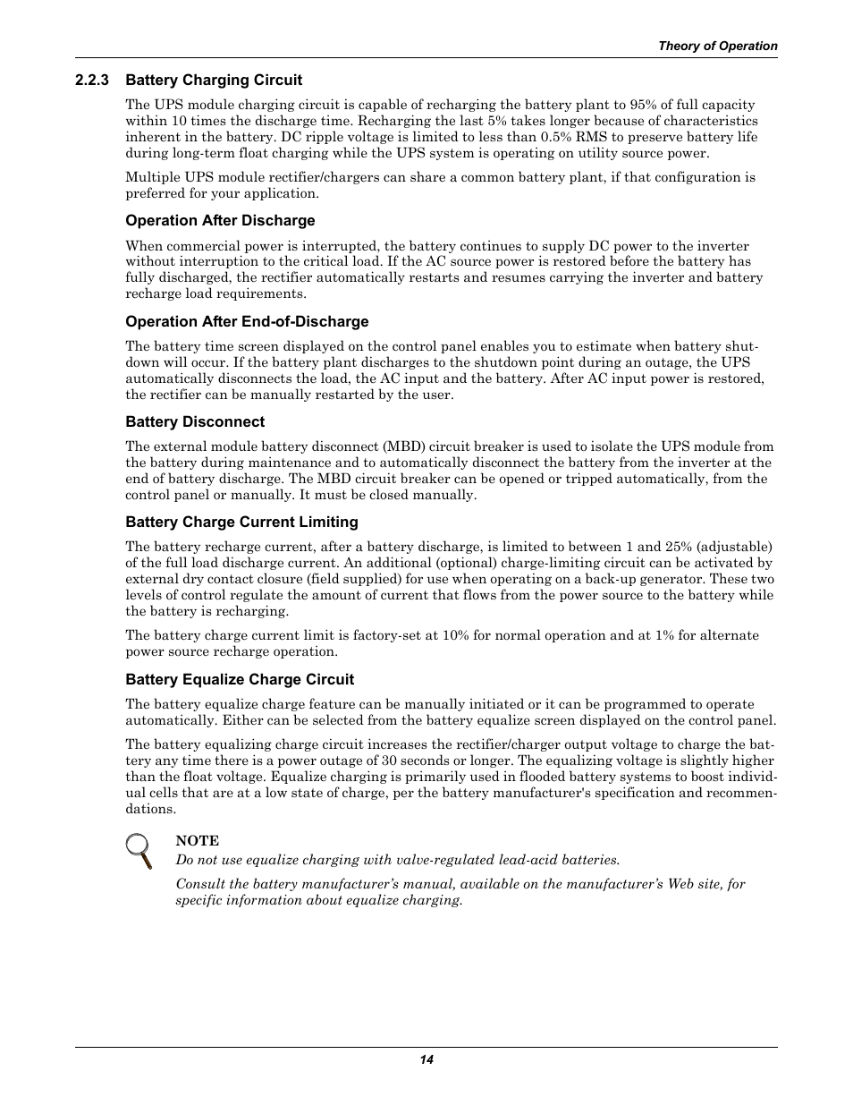 3 battery charging circuit, Operation after discharge, Operation after end-of-discharge | Battery disconnect, Battery charge current limiting, Battery equalize charge circuit, Battery charging circuit | Liebert 1000kVA User Manual | Page 20 / 120