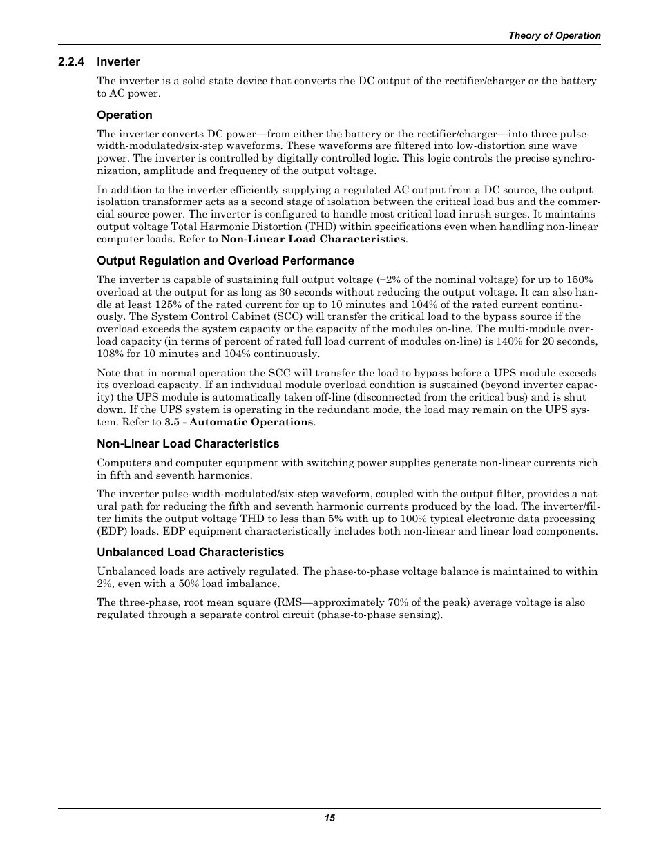 4 inverter, Operation, Output regulation and overload performance | Non-linear load characteristics, Unbalanced load characteristics, Inverter | Liebert 1000kVA User Manual | Page 21 / 120