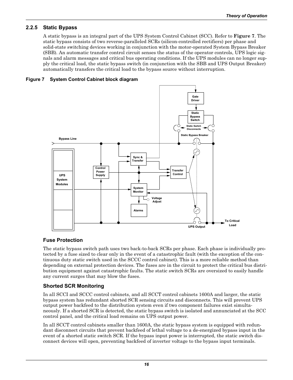 5 static bypass, Figure 7 system control cabinet block diagram, Fuse protection | Shorted scr monitoring, Static bypass, Figure 7, System control cabinet block diagram | Liebert 1000kVA User Manual | Page 22 / 120