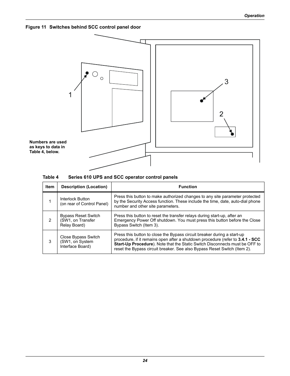 Figure 11 switches behind scc control panel door, Table 4, Series 610 ups and scc operator control panels | R to figure 11 | Liebert 1000kVA User Manual | Page 30 / 120