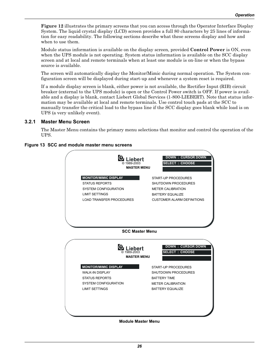1 master menu screen, Figure 13 scc and module master menu screens, Master menu screen | Liebert 1000kVA User Manual | Page 32 / 120