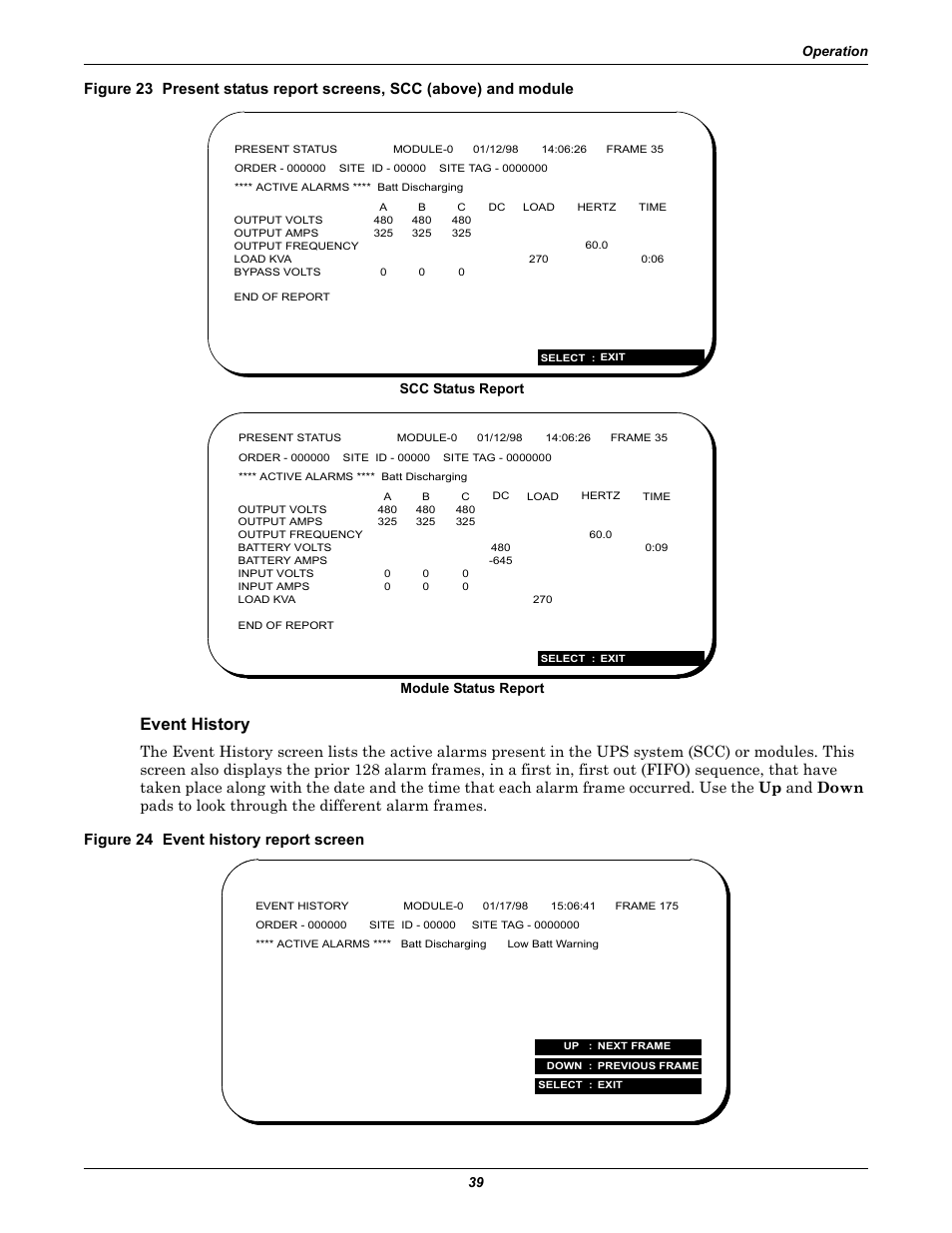 Event history, Figure 24 event history report screen, Operation 39 | Scc status report module status report | Liebert 1000kVA User Manual | Page 45 / 120