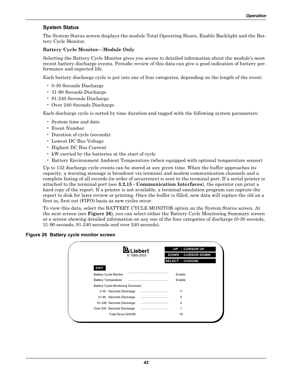 System status, Figure 26 battery cycle monitor screen | Liebert 1000kVA User Manual | Page 48 / 120