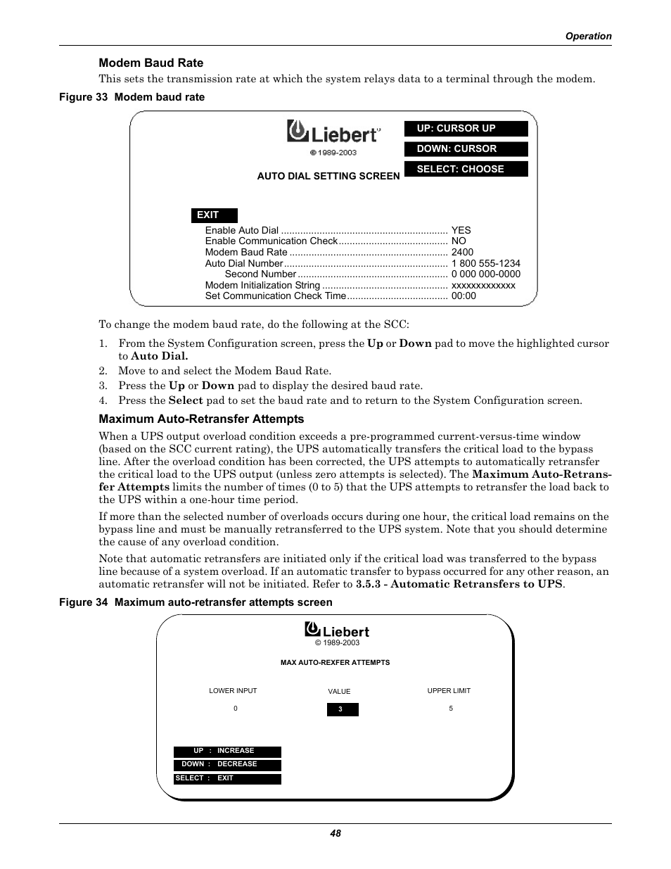 Modem baud rate, Figure 33 modem baud rate, Maximum auto-retransfer attempts | Figure 34 maximum auto-retransfer attempts screen | Liebert 1000kVA User Manual | Page 54 / 120