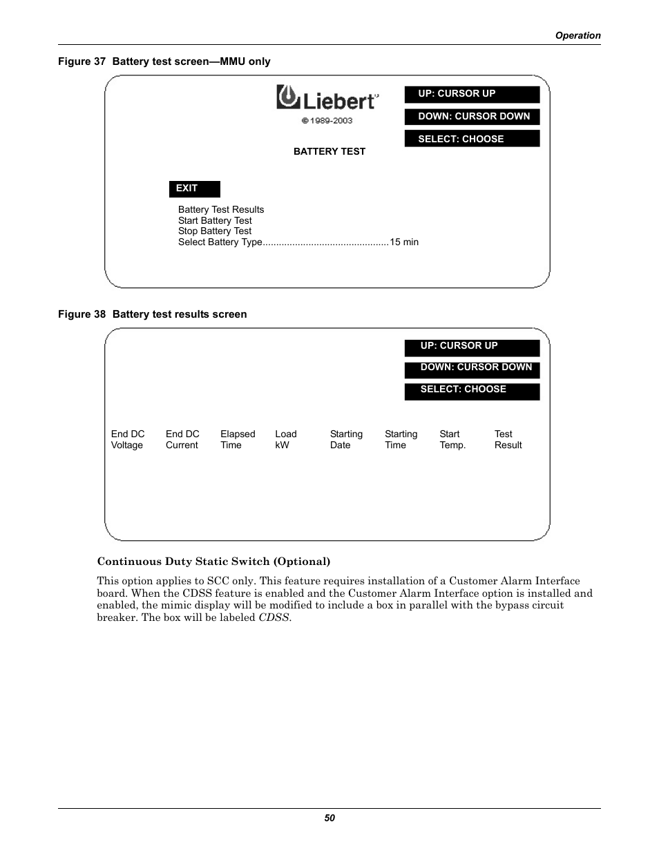 Figure 37 battery test screen-mmu only, Figure 38 battery test results screen | Liebert 1000kVA User Manual | Page 56 / 120