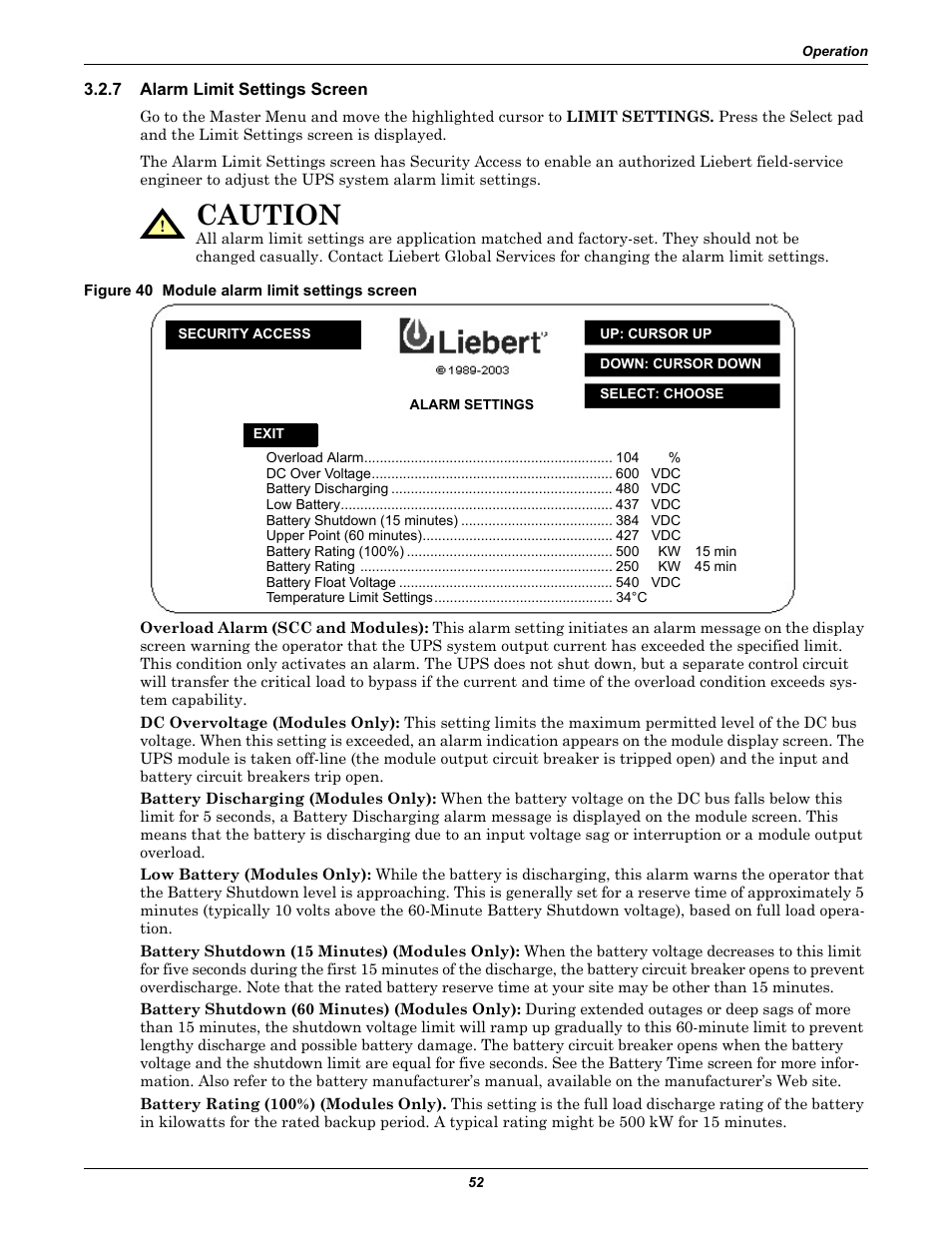 7 alarm limit settings screen, Figure 40 module alarm limit settings screen, Alarm limit settings screen | Caution | Liebert 1000kVA User Manual | Page 58 / 120