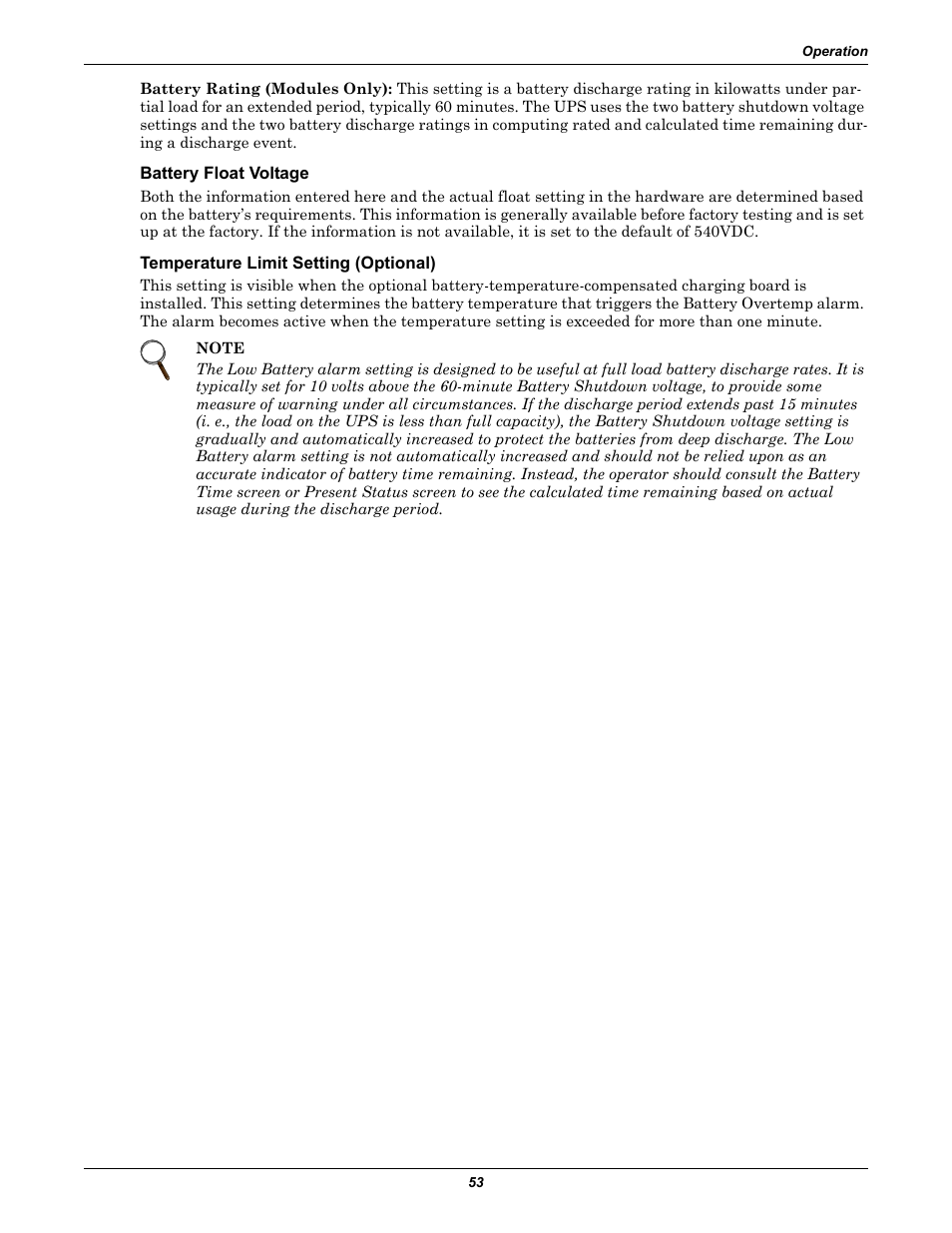 Battery float voltage, Temperature limit setting (optional) | Liebert 1000kVA User Manual | Page 59 / 120