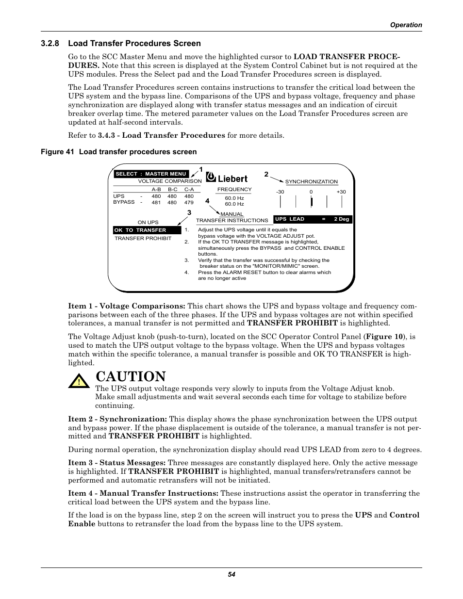 8 load transfer procedures screen, Figure 41 load transfer procedures screen, Load transfer procedures screen | Caution | Liebert 1000kVA User Manual | Page 60 / 120