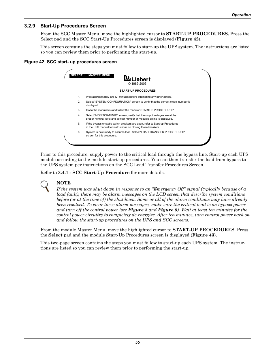 9 start-up procedures screen, Figure 42 scc start- up procedures screen, Start-up procedures screen | Liebert 1000kVA User Manual | Page 61 / 120