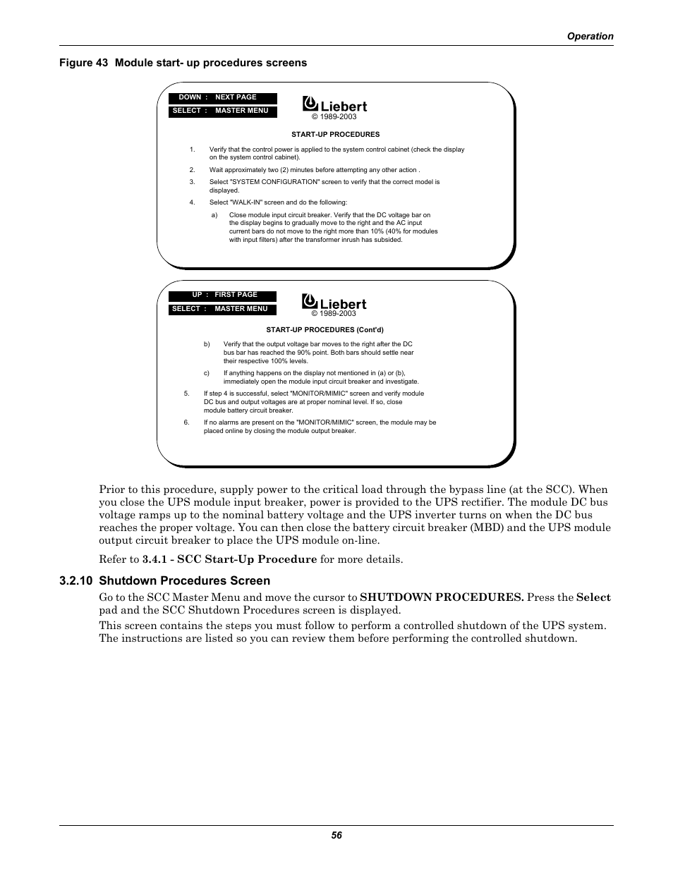 Figure 43 module start- up procedures screens, 10 shutdown procedures screen, Figure 43 ) | Liebert 1000kVA User Manual | Page 62 / 120