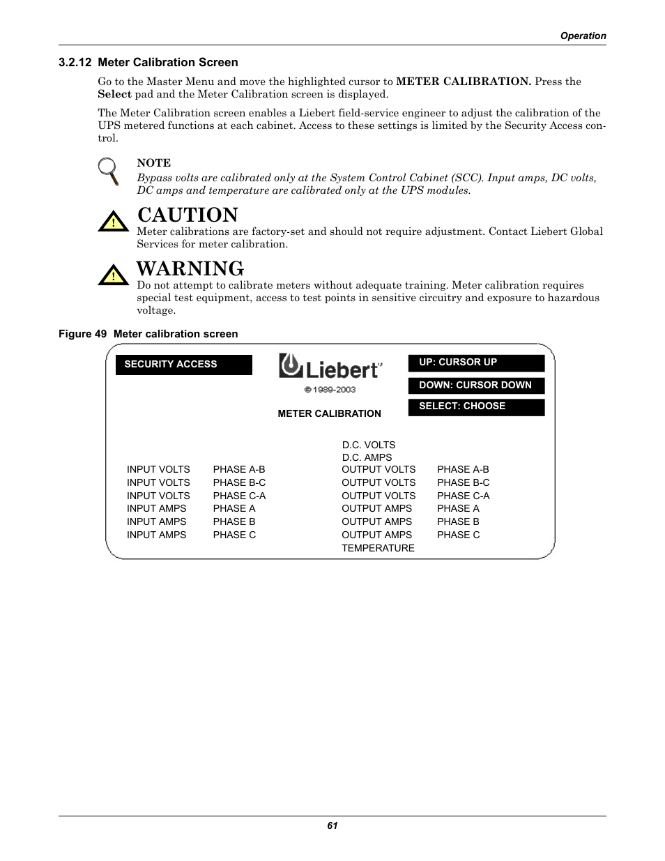 12 meter calibration screen, Figure 49 meter calibration screen, Meter calibration screen | Caution, Warning | Liebert 1000kVA User Manual | Page 67 / 120