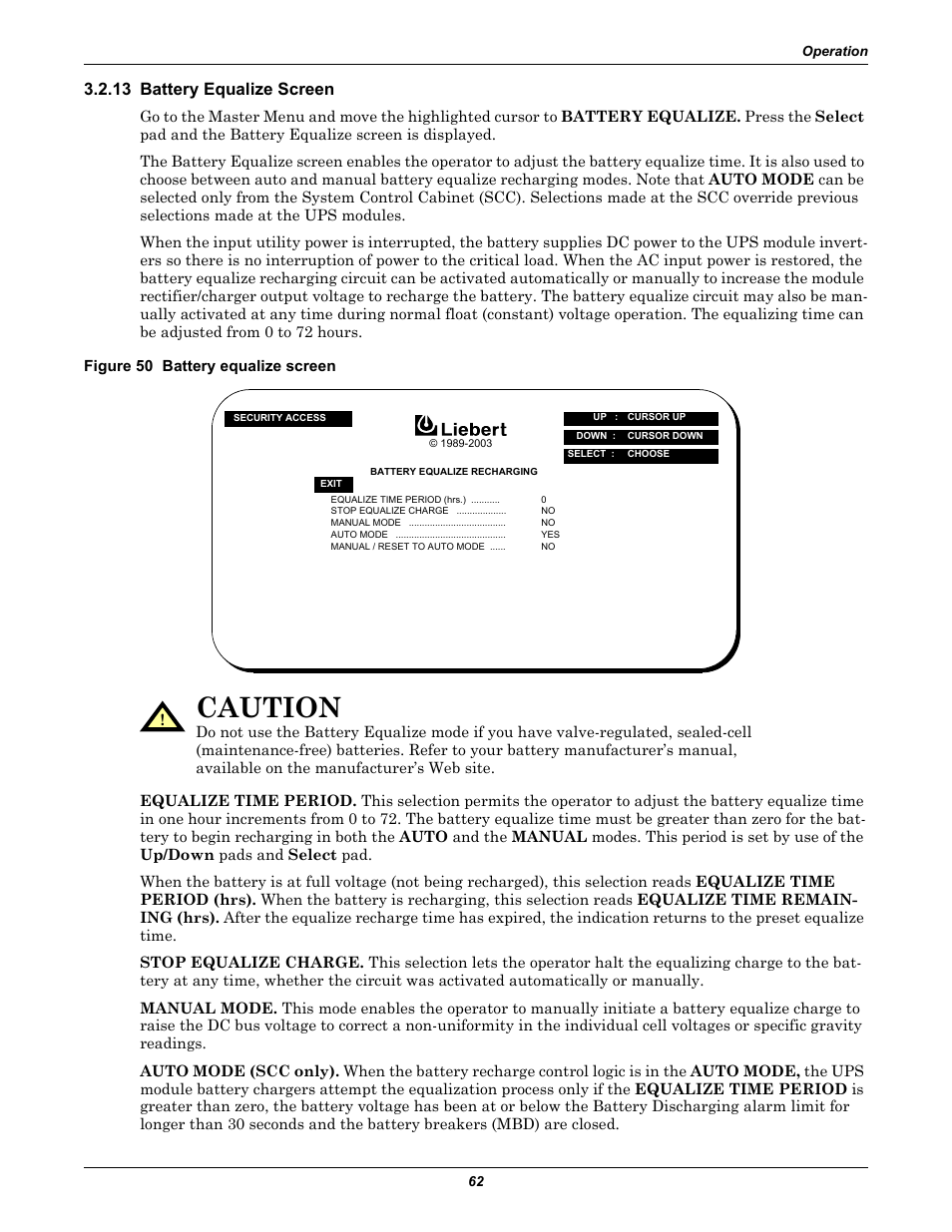 13 battery equalize screen, Figure 50 battery equalize screen, Caution | Liebert 1000kVA User Manual | Page 68 / 120