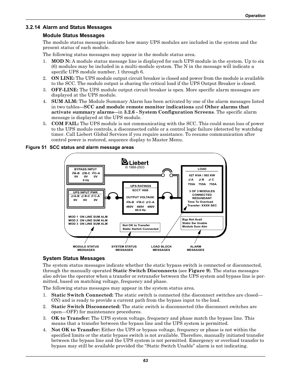 14 alarm and status messages, Module status messages, Figure 51 scc status and alarm message areas | System status messages | Liebert 1000kVA User Manual | Page 69 / 120