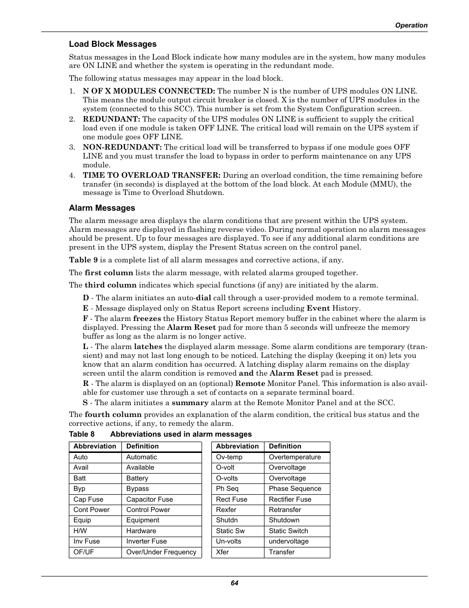 Load block messages, Alarm messages, Table 8 abbreviations used in alarm messages | Table 8, Abbreviations used in alarm messages | Liebert 1000kVA User Manual | Page 70 / 120