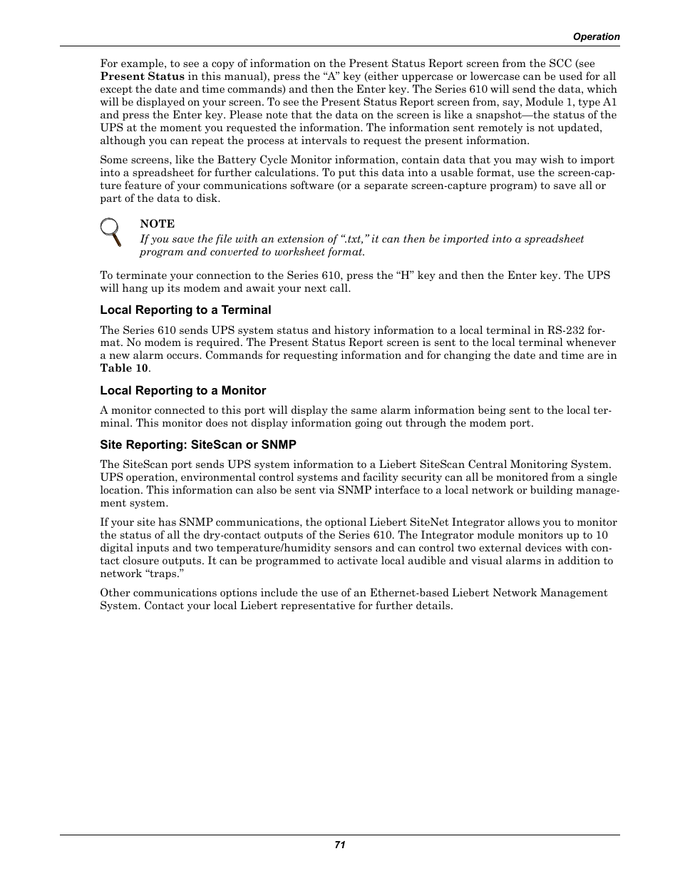 Local reporting to a terminal, Local reporting to a monitor, Site reporting: sitescan or snmp | Liebert 1000kVA User Manual | Page 77 / 120