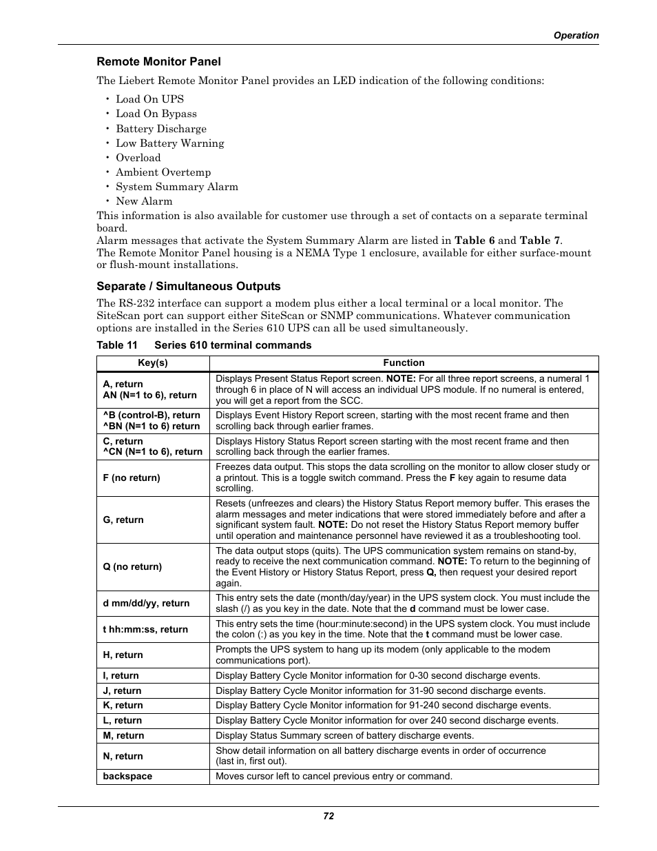 Remote monitor panel, Separate / simultaneous outputs, Table 11 series 610 terminal commands | Table 11, Series 610 terminal commands | Liebert 1000kVA User Manual | Page 78 / 120