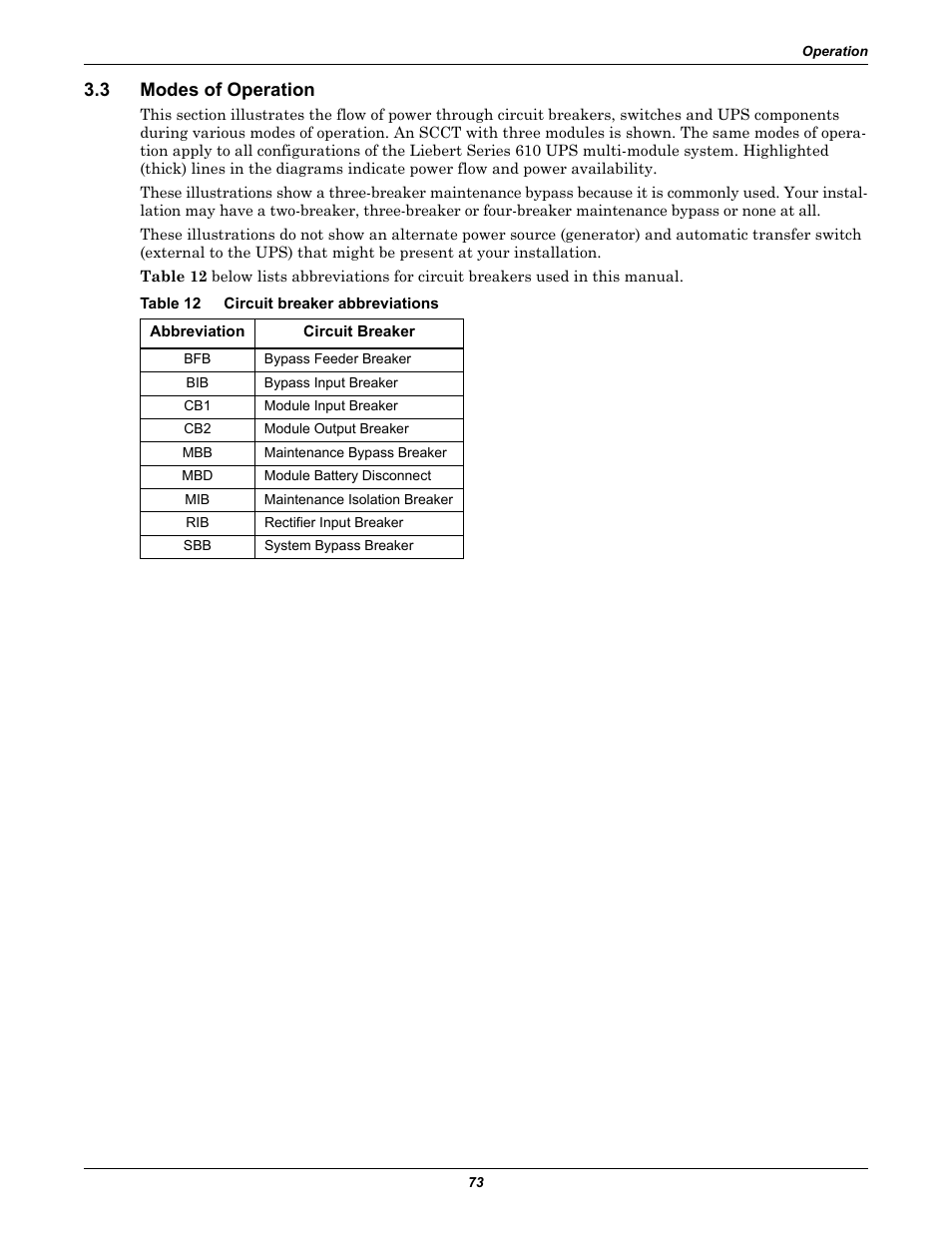 3 modes of operation, Table 12 circuit breaker abbreviations, Modes of operation | Table 12, Circuit breaker abbreviations | Liebert 1000kVA User Manual | Page 79 / 120