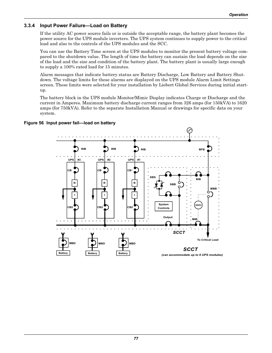 4 input power failure-load on battery, Figure 56 input power fail-load on battery, Input power failure—load on battery | Figure 56 input power fail—load on battery, 4 input power failure—load on battery, Scct, Operation 77 | Liebert 1000kVA User Manual | Page 83 / 120