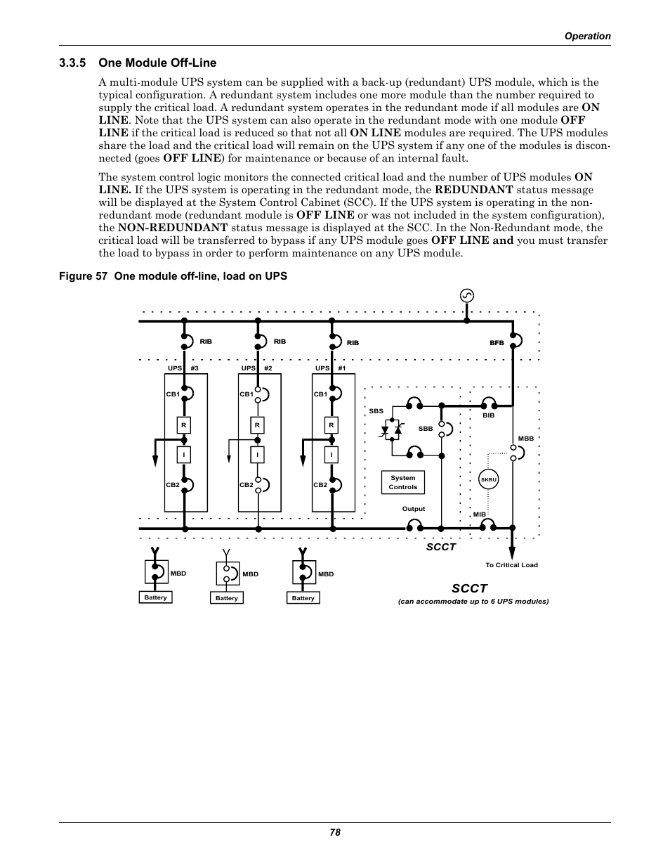 5 one module off-line, Figure 57 one module off-line, load on ups, One module off-line | Scct, Operation 78 | Liebert 1000kVA User Manual | Page 84 / 120
